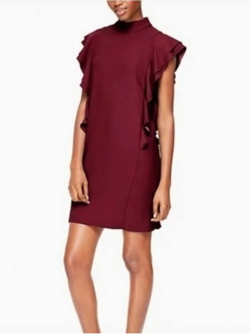 Kate Spade New York Burgundy Ruffle Sleeve Shift Dress Mock Neck Size 0 NWT